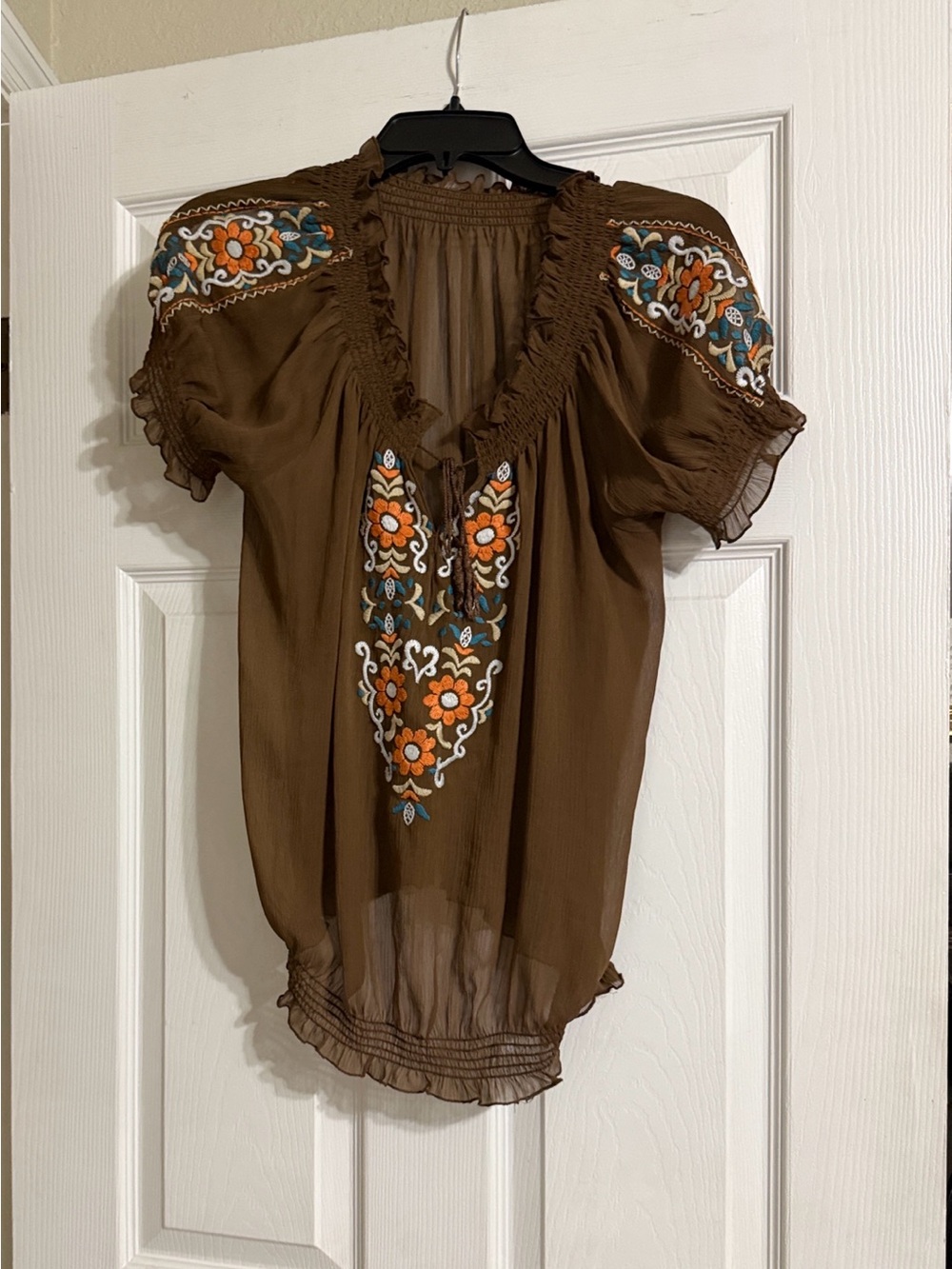 Embroidered Brown Peasant Blouse with Floral Accents